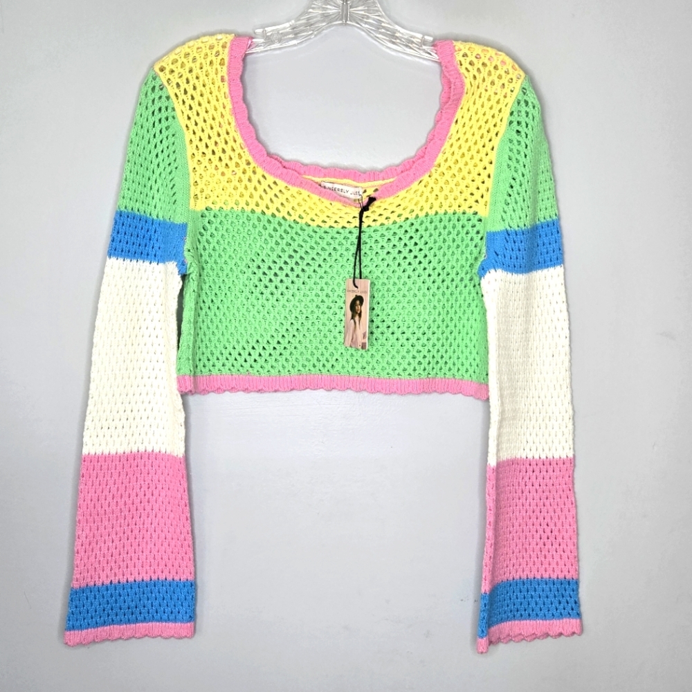NWT Sincerely Jules Crochet‎ Crop Long Bell Sleeve Top Stripes ColorBlock Medium
